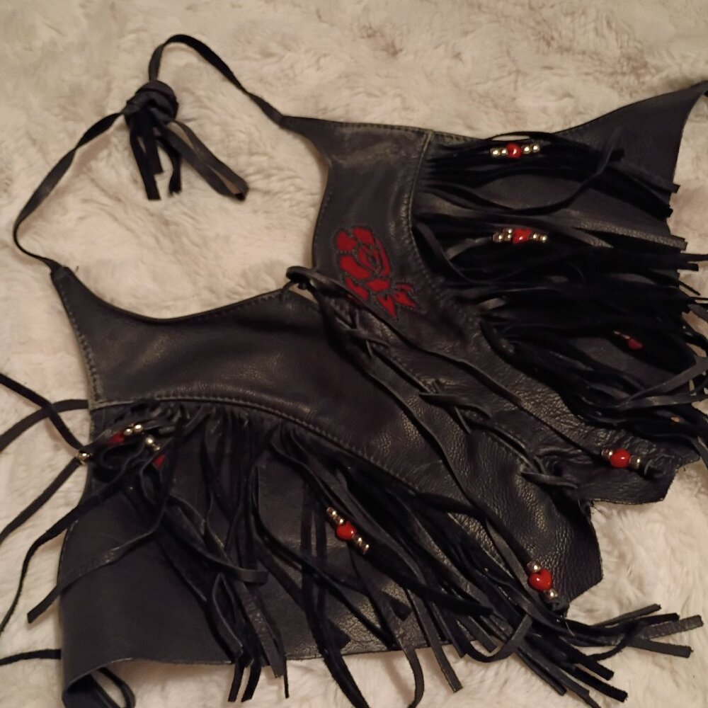 Full grain leather halter top with fringe